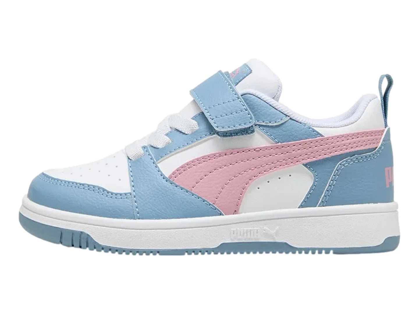 Tenis PUMA Rebound V6 Lo AC Blanco Rosa y Azul para Niña