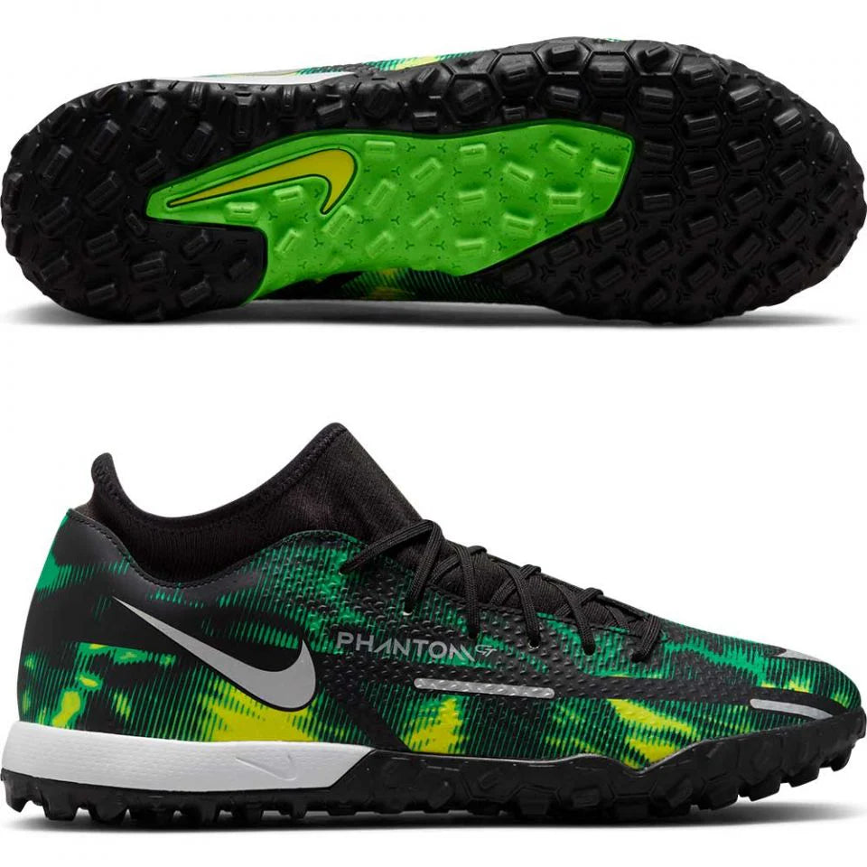 Nike Phantom GT2 Academy DF TF Soccer Cleats Black Platinum Green