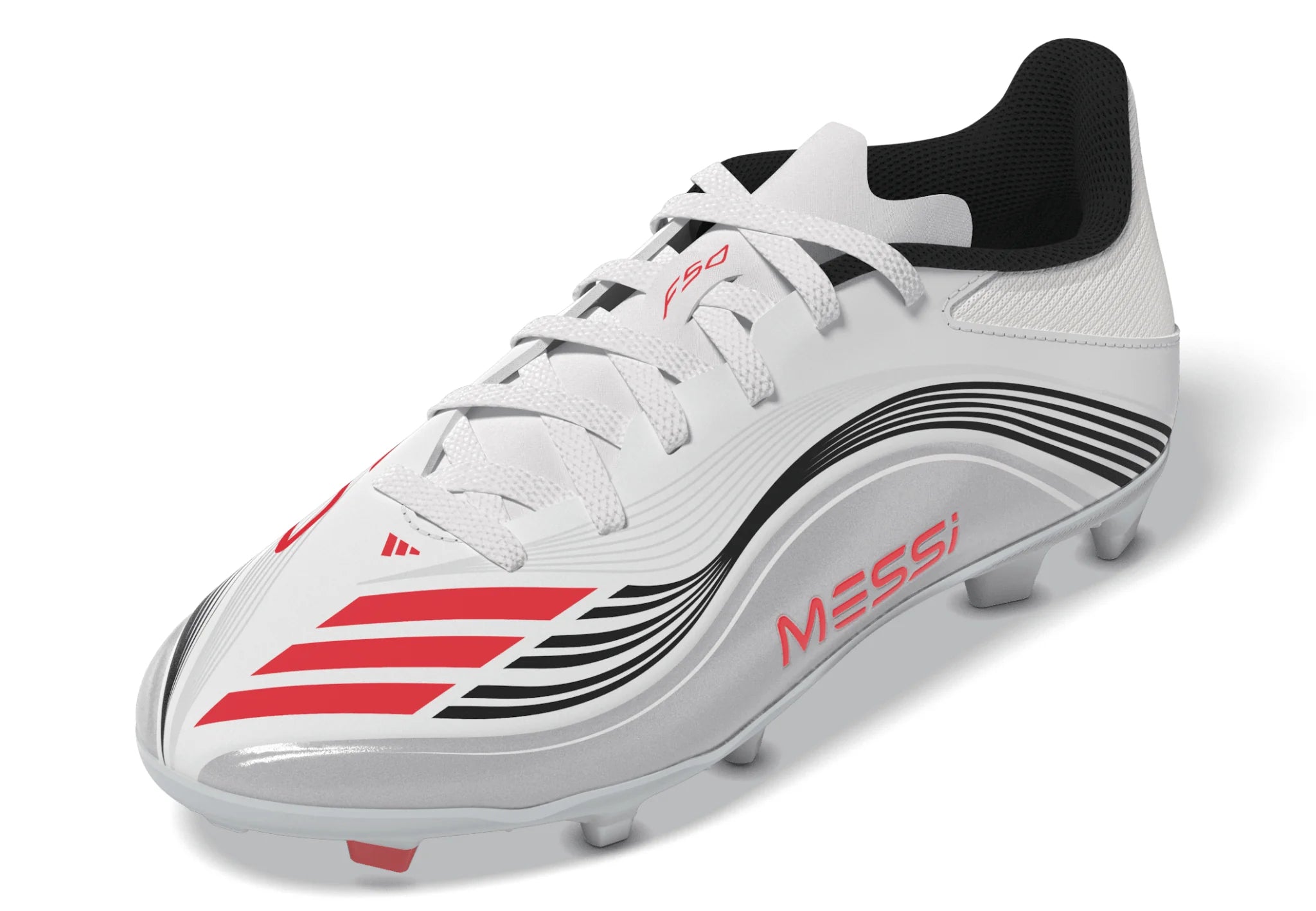 adidas F50 Messi League Firm Multi Ground Youth Soccer Cleats White Red Silver
