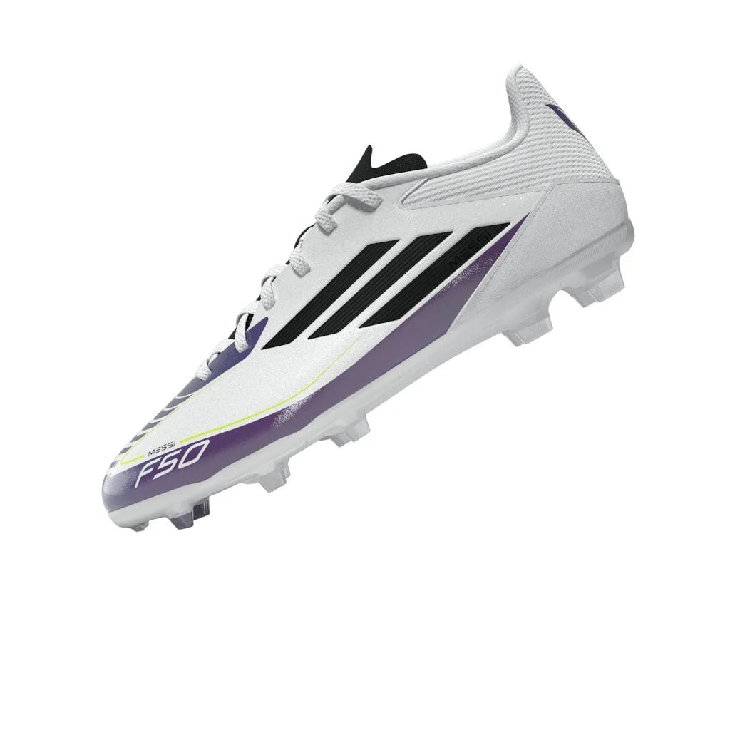 adidas Kids F50 League FG MG Messi Multi Ground Soccer Cleats White Black Purple