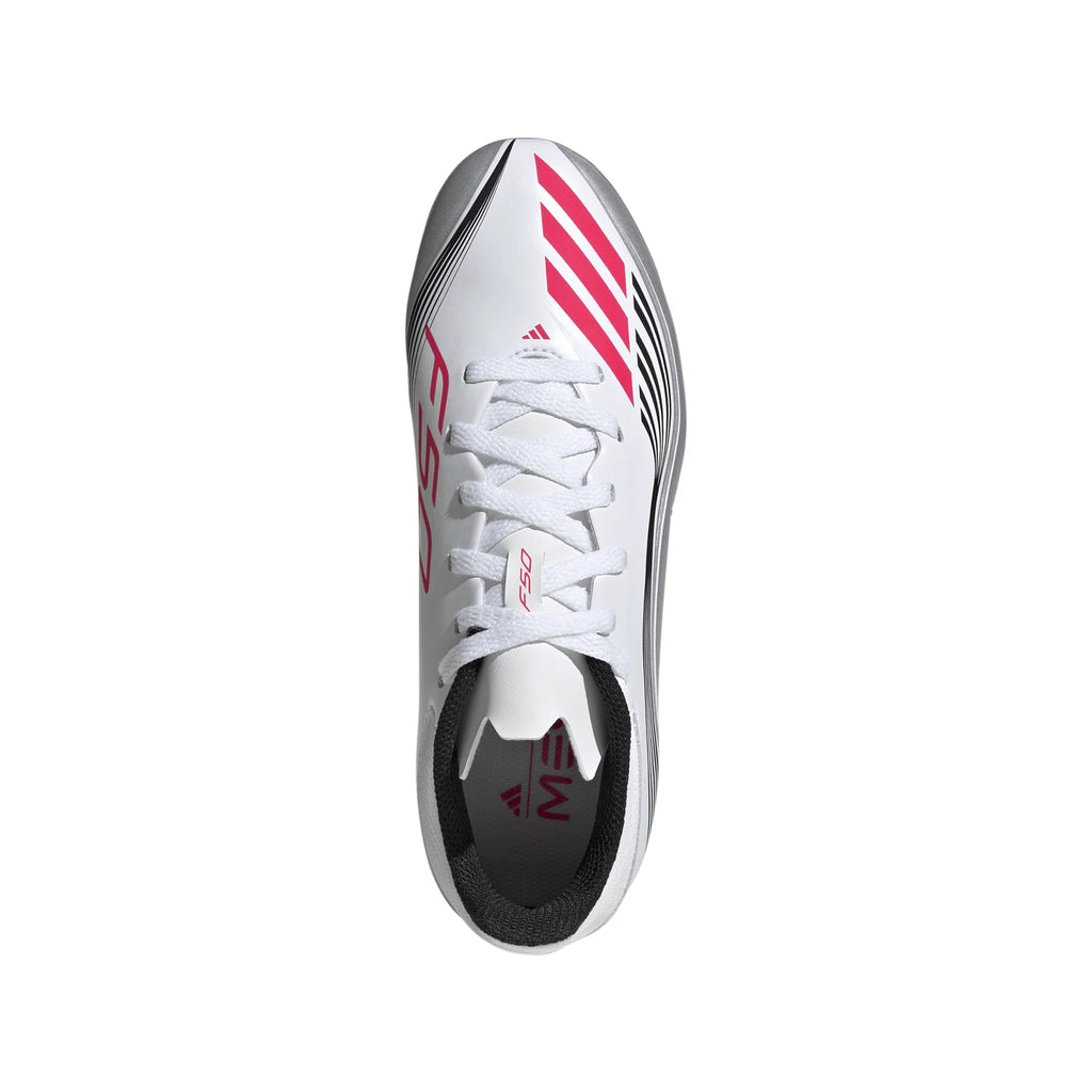 adidas F50 Messi League Firm Multi Ground Youth Soccer Cleats White Red Silver