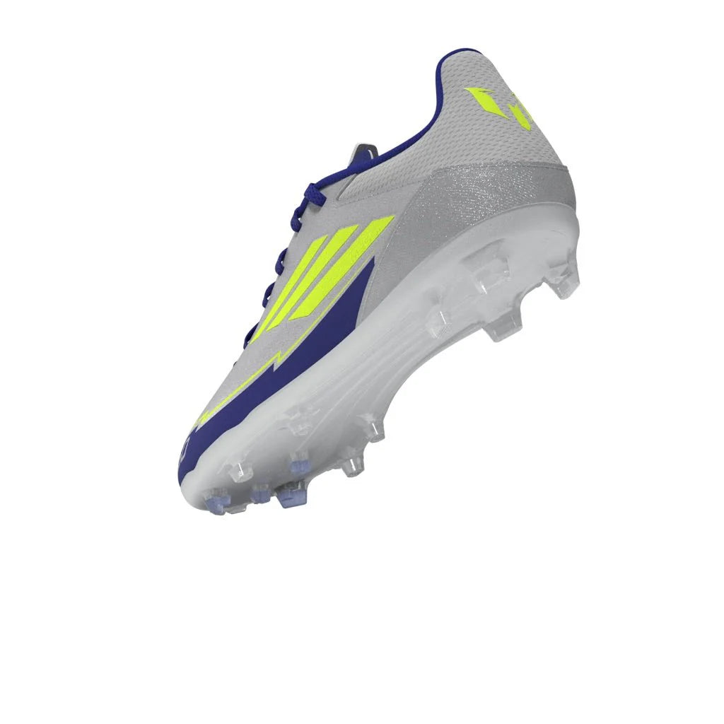 adidas F50 League Messi Firm Multi Ground Boots Junior Silver Metallic Solar Yellow Lucid Blue