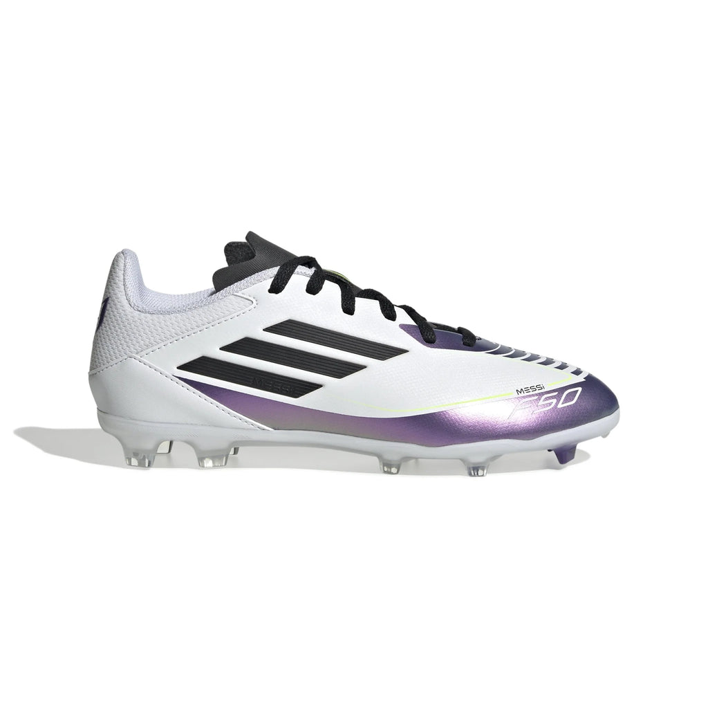 adidas Kids F50 League FG MG Messi Multi Ground Soccer Cleats White Black Purple