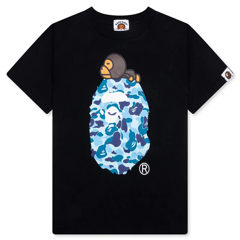 Kids ABC Camo Milo on Big Ape Tee Black Blue