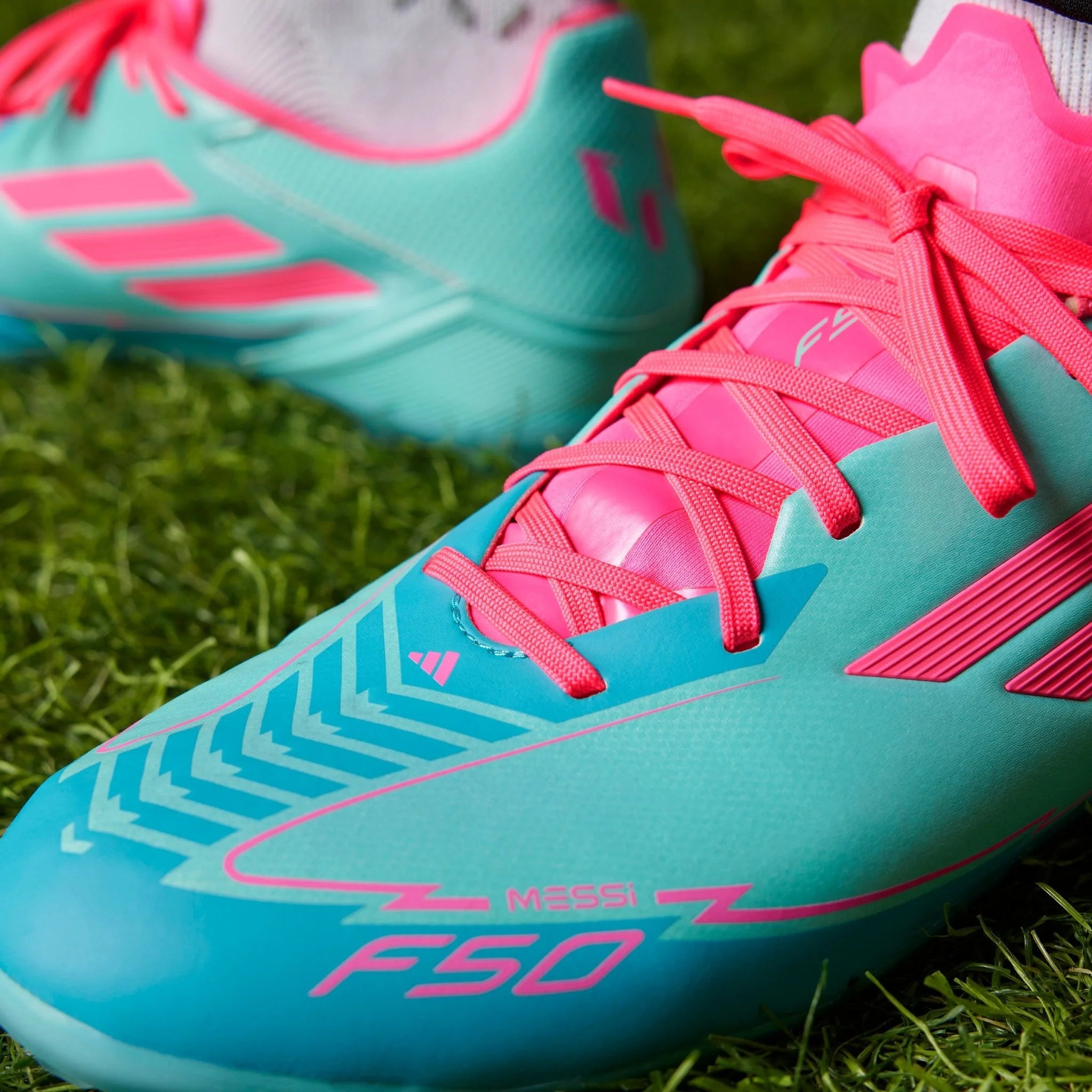 adidas F50 League Messi Firm Multi Ground Soccer Cleats Flash Aqua Lucid Pink Lucid Cyan