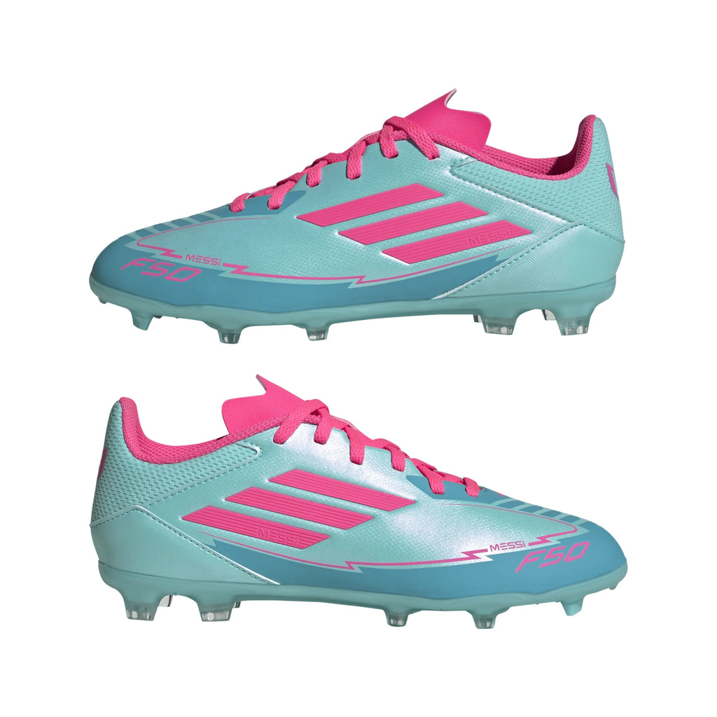 adidas F50 League Messi Firm Multi Ground Boots Junior Flash Aqua Lucid Pink Lucid Cyan