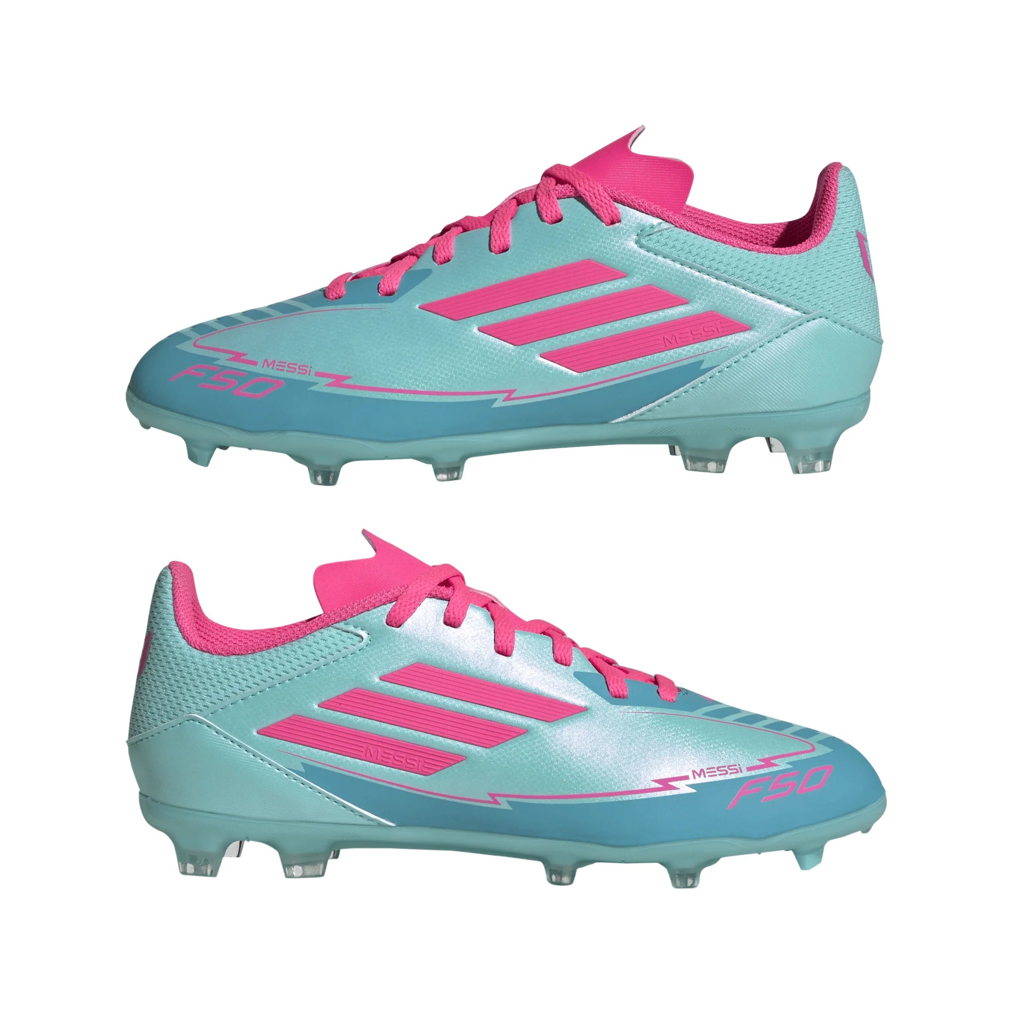 adidas F50 League Messi Firm Multi Ground Boots Junior Flash Aqua Lucid Pink Lucid Cyan