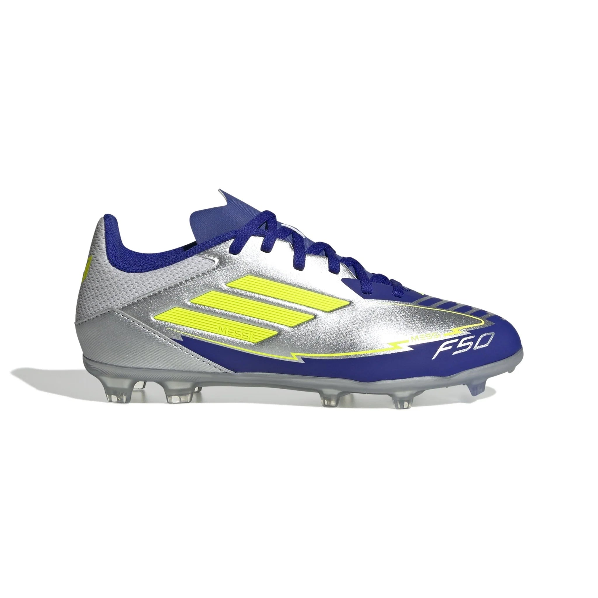 adidas F50 League Messi Firm Multi Ground Boots Junior Silver Metallic Solar Yellow Lucid Blue