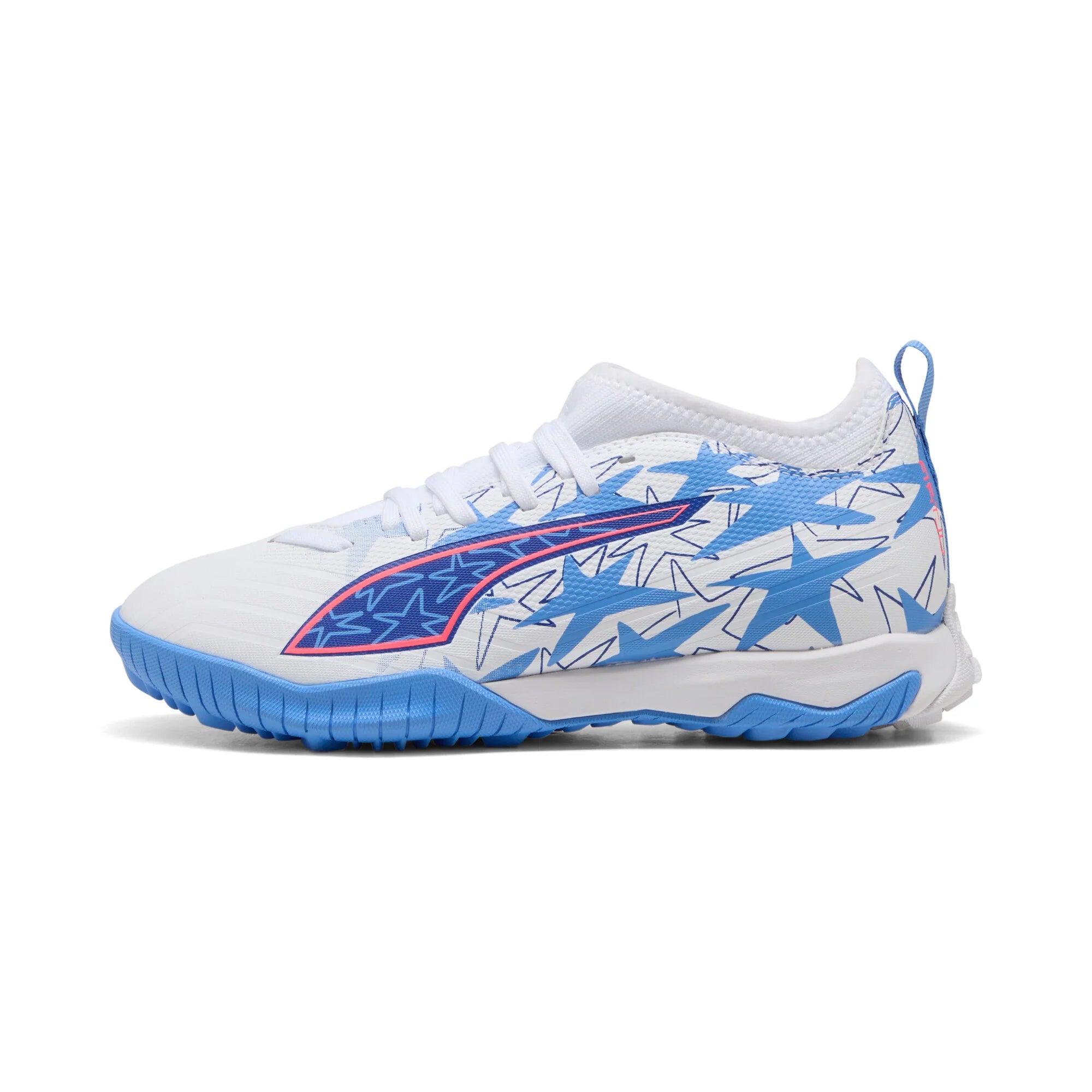 PUMA Ultra 6 Match KidSuper X CP TT Mid Turf Youth Soccer Cleats White Pink Blue