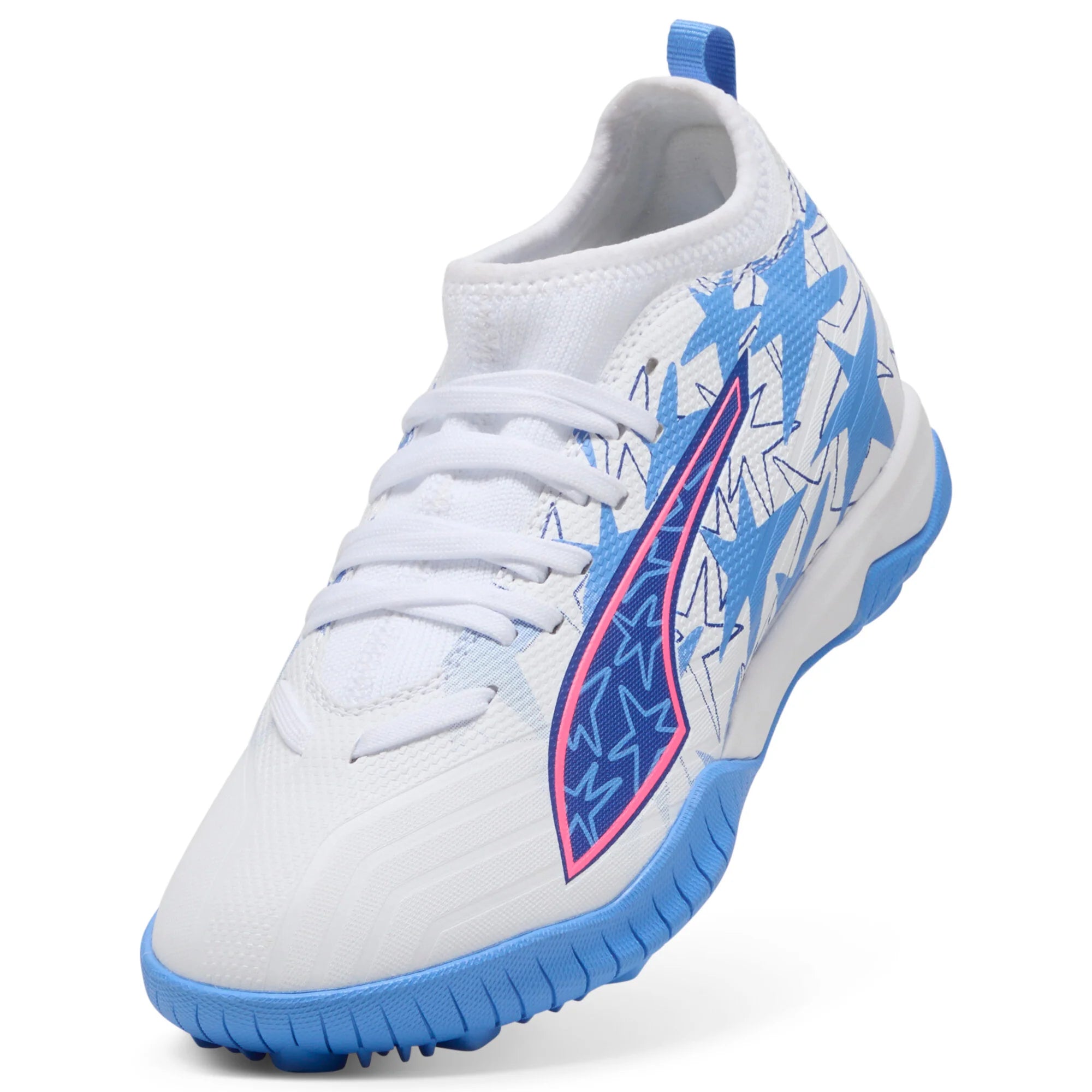 PUMA Ultra 6 Match KidSuper X CP TT Mid Turf Youth Soccer Cleats White Pink Blue