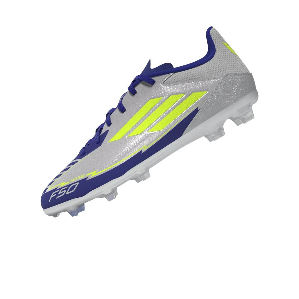 adidas F50 League Messi Firm Multi Ground Boots Junior Silver Metallic Solar Yellow Lucid Blue