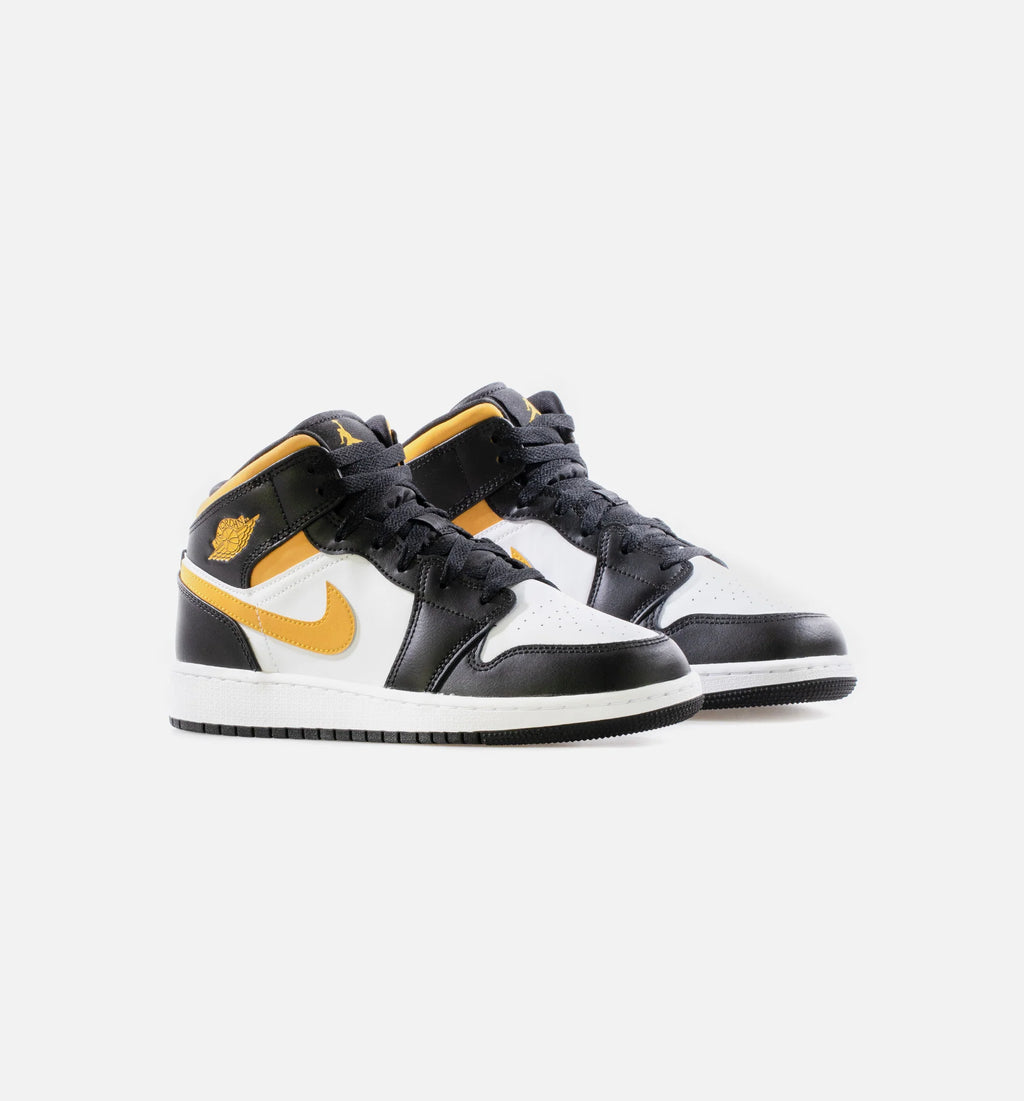 Air Jordan 1 Mid Black University Gold Grade School Lifestyle Shoe White Black Pollen