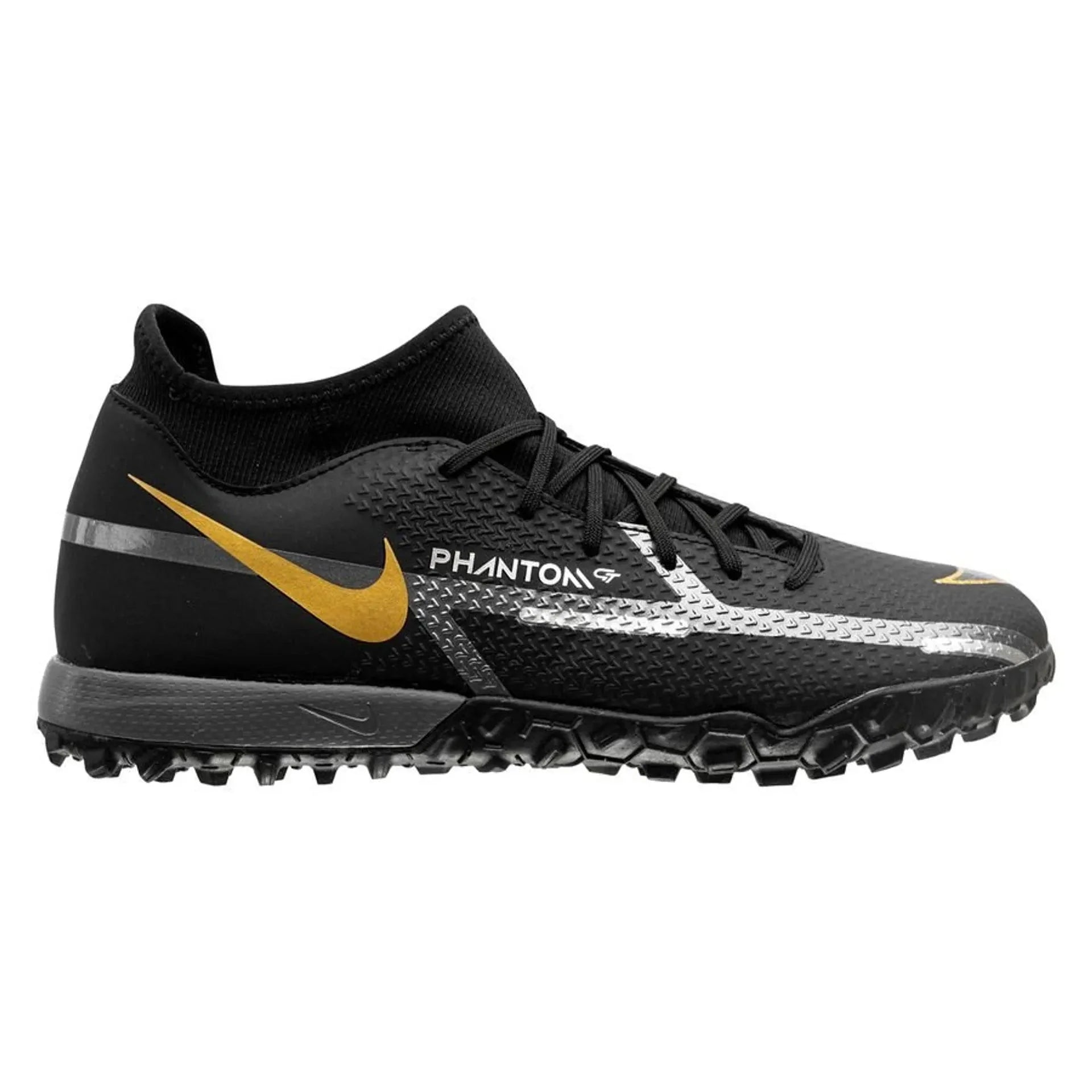 Nike Phantom GT2 Academy DF TF Turf Soccer Cleats Black Metallic Dark Grey Metallic Gold
