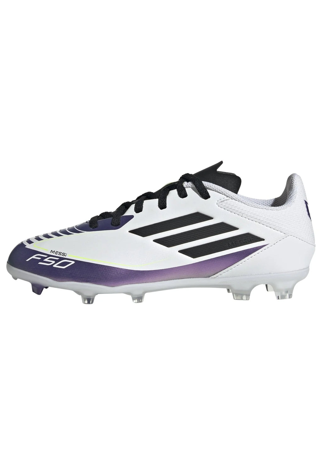 adidas Kids F50 League FG MG Messi Multi Ground Soccer Cleats White Black Purple