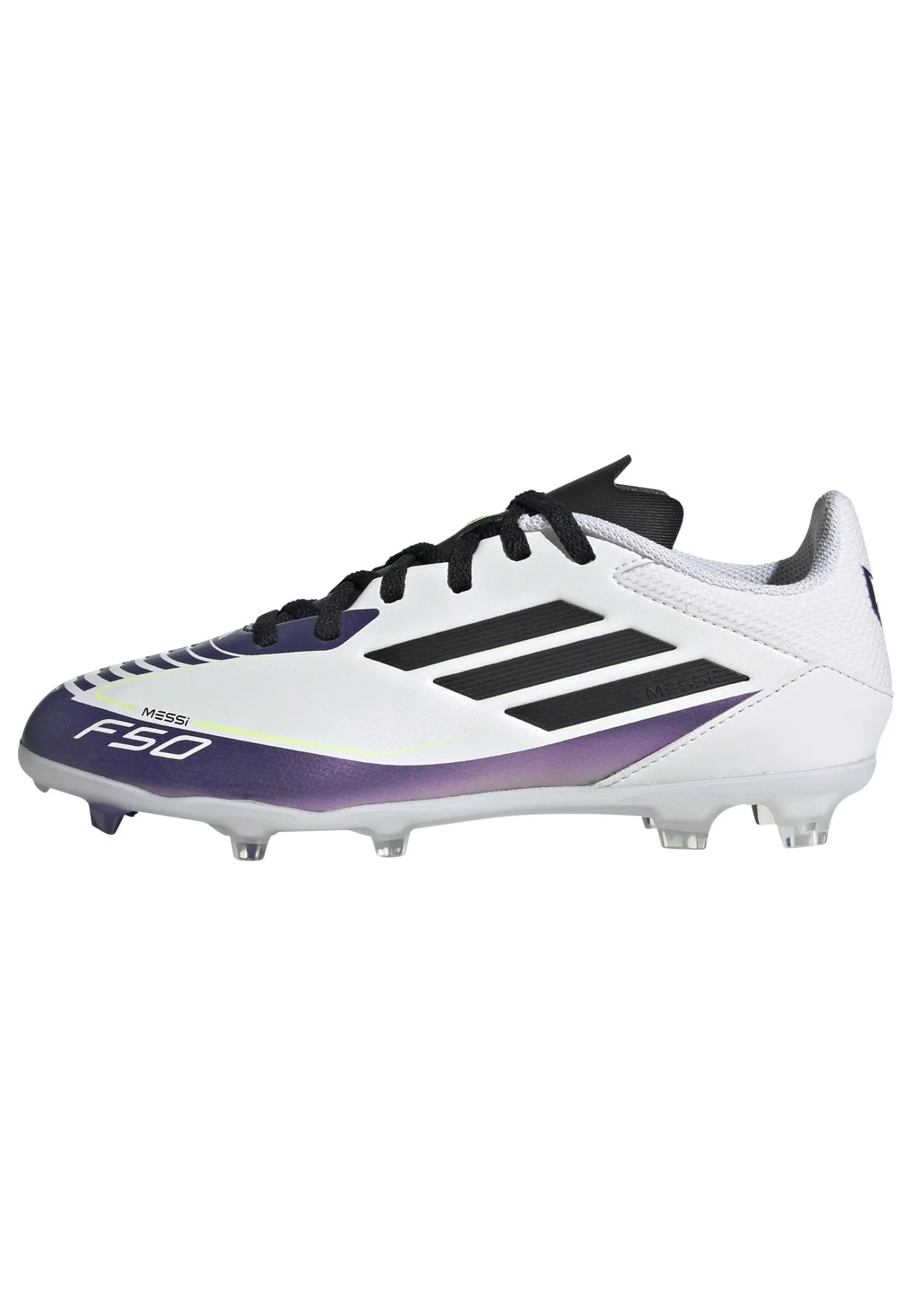 adidas Kids F50 League FG MG Messi Multi Ground Soccer Cleats White Black Purple