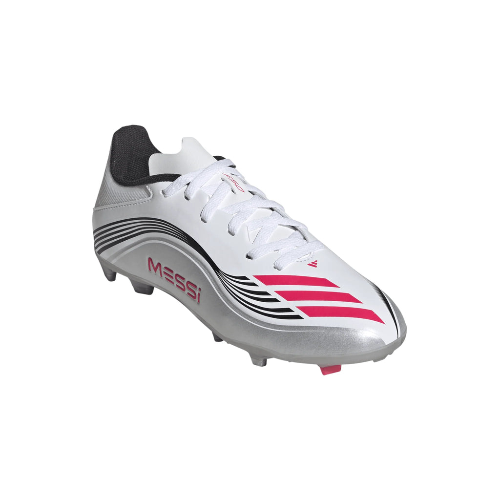 adidas F50 Messi League Firm Multi Ground Youth Soccer Cleats White Red Silver