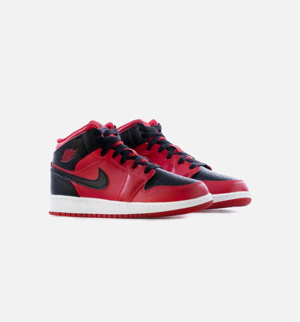 Air Jordan 1 Mid Reverse Bred Grade School Lifestyle Shoe Black Red