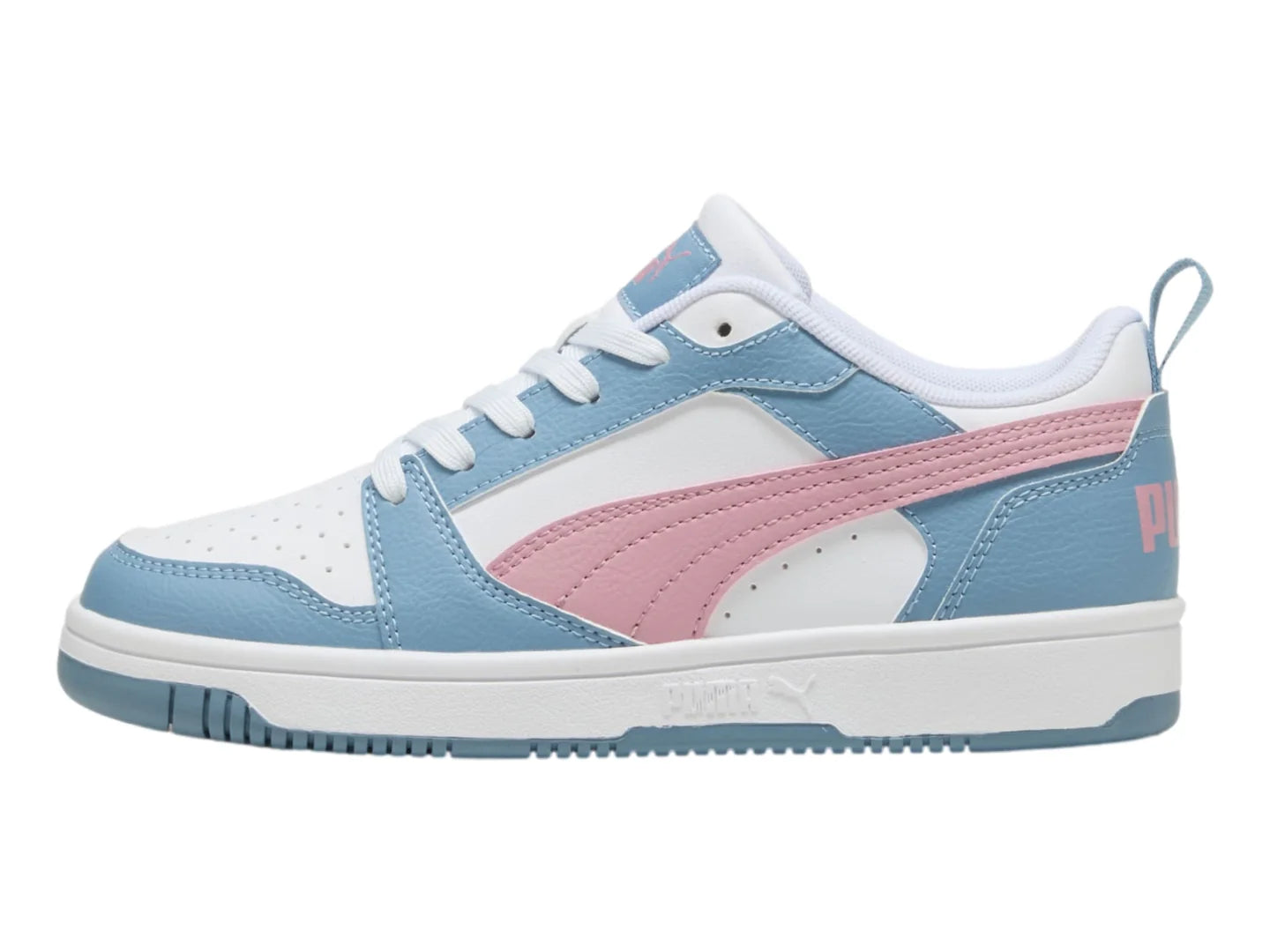 Tenis PUMA Rebound V6 Lo Blanco Rosa y Azul para Niña